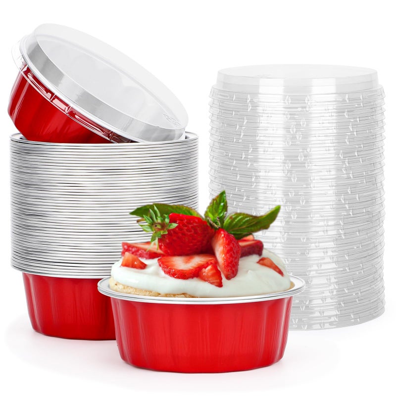 Beasea 8 oz Disposable Ramekins with Lids, 50 Pack Aluminum Foil Cups for Party Wedding Birthday - Red - Image 1